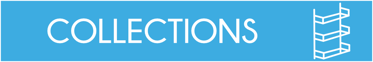 White text: COLLECTIONS, basic white lineart of book shelves, vibrant blue background